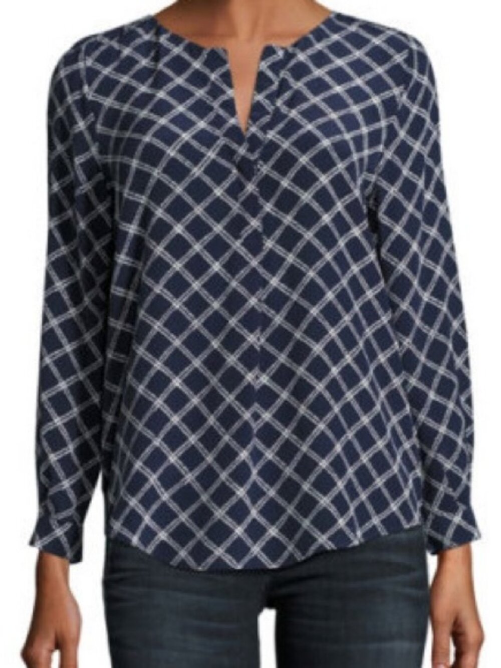 Joie Navy and White Arrosa Diamond-Print Long-Sleeve Blouse